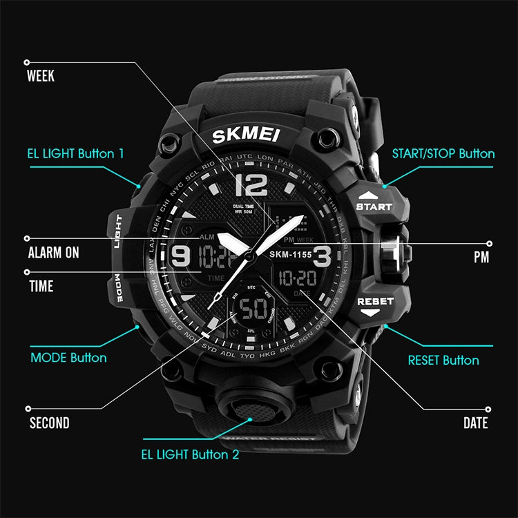 SKMEI 1155B Multifunctional Men Outdoor Sports Noctilucent Waterproof Large Dial Wrist Watch(Black) - Sport Watches by SKMEI | Online Shopping South Africa | PMC Jewellery | Buy Now Pay Later Mobicred