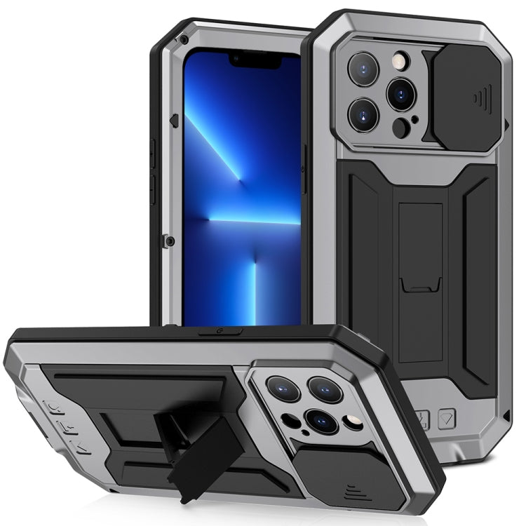 For iPhone 13 Pro R-JUST Sliding Camera Shockproof Life Waterproof Dust-proof Metal + Silicone Protective Case with Holder (Silver) - free shipping - PMC TechLife - Order now!