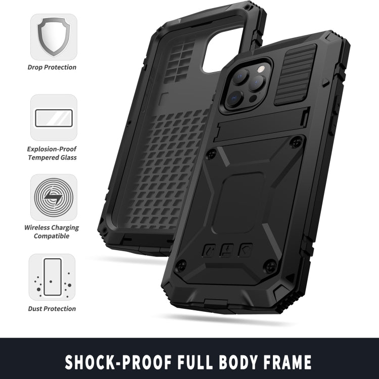 For iPhone 13 Pro Max R-JUST Shockproof Waterproof Dust-proof Metal + Silicone Protective Case with Holder (Black) - free shipping - PMC TechLife - Order now!