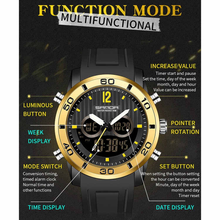 SANDA 3106 Dual Digital Display Men Outdoor Sports Luminous Shockproof Electronic Watch(Full Black) - Metal Strap Watches by SANDA | Online Shopping South Africa | PMC Jewellery | Buy Now Pay Later Mobicred