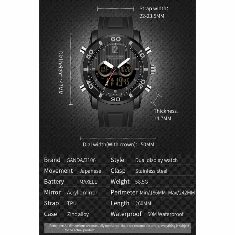 SANDA 3106 Dual Digital Display Men Outdoor Sports Luminous Shockproof Electronic Watch(Black Silver) - Metal Strap Watches by SANDA | Online Shopping South Africa | PMC Jewellery | Buy Now Pay Later Mobicred