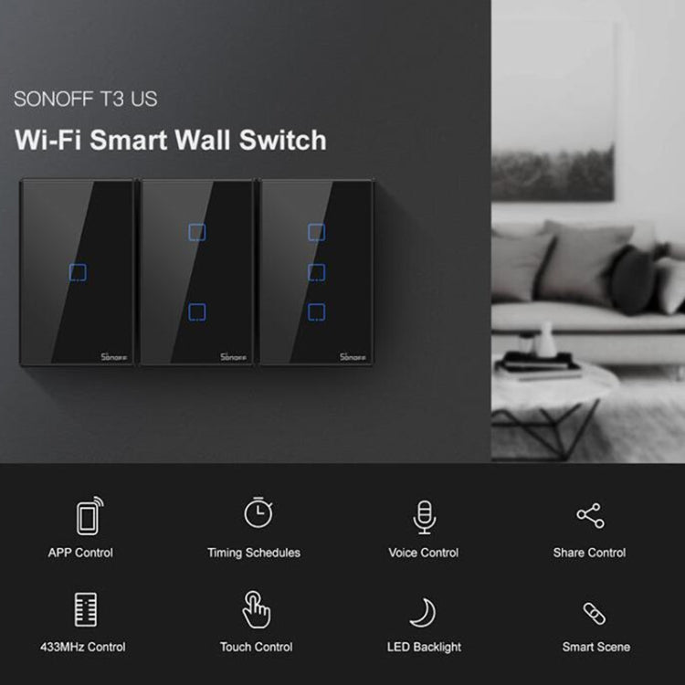 Sonoff T3 US-TX 433 RF WIFI Smart Remote Control Wall Touch Switch, US Plug, Style:Double Buttons - Smart Switch by Sonoff | Online Shopping South Africa | PMC Jewellery