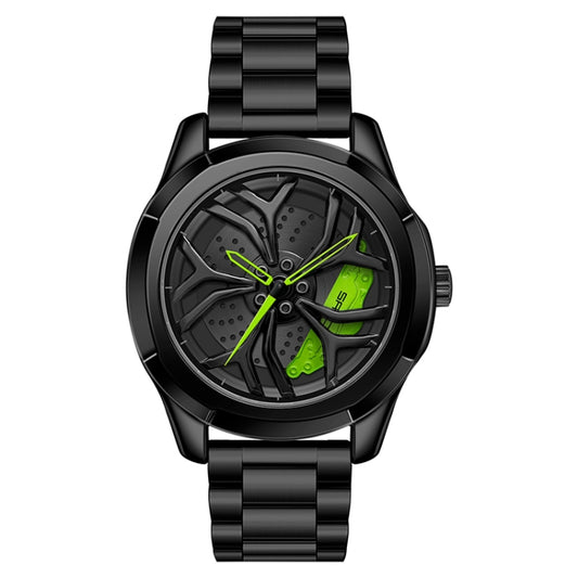 SANDA 1065 3D Hollow Out Wheel Non-rotatable Dial Quartz Watch for Men, Style:Steel Belt(Black Green) - Metal Strap Watches by SANDA | Online Shopping South Africa | PMC Jewellery | Buy Now Pay Later Mobicred