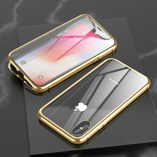 For iPhone X / XS Ultra Slim Double Sides Magnetic Adsorption Angular Frame Tempered Glass Magnet Flip Case(Gold) - More iPhone Cases by PMC Jewellery | Online Shopping South Africa | PMC Jewellery