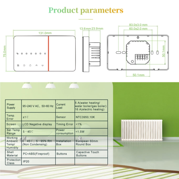 BHT-005-GCLW 220V AC 3A Smart Home Heating Thermostat for EU Box, Control Boiler Heating with Only Internal Sensor & WIFI Connection - free shipping - PMC TechLife - Order now!