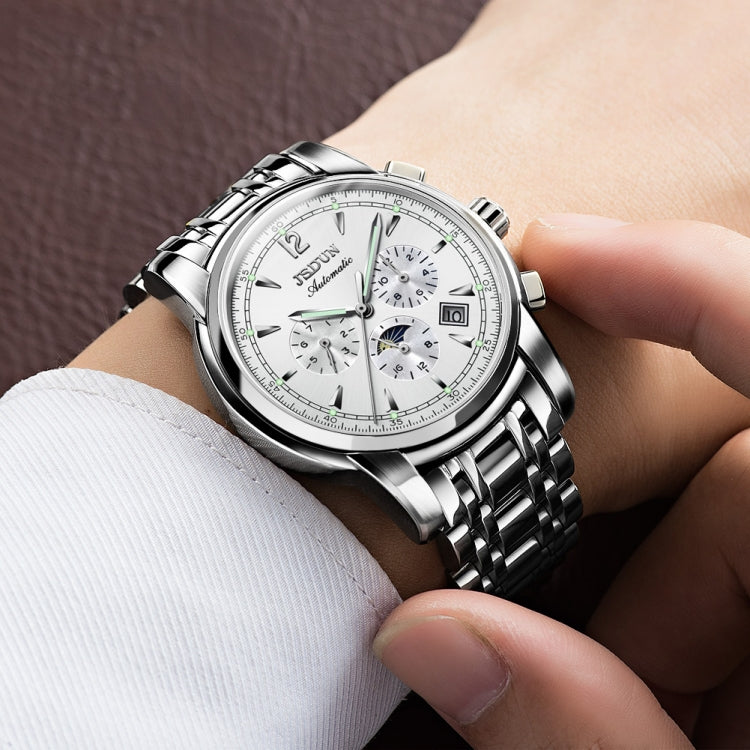 JIN SHI DUN 8750 Men Fashion Waterproof Luminous Mechanical Watch(Silver White) - Metal Strap Watches by JIN SHI DUN | Online Shopping South Africa | PMC Jewellery | Buy Now Pay Later Mobicred