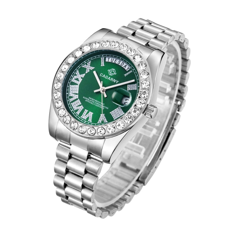 CAGARNY 6886 Diamond-encrusted Roman Numeral Dial Quartz Watch for Men(Silver Shell Green Dial) - Metal Strap Watches by CAGARNY | Online Shopping South Africa | PMC Jewellery | Buy Now Pay Later Mobicred