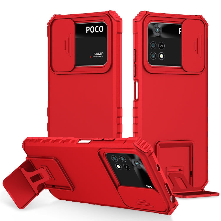 For Xiaomi Poco M4 Pro 4G Stereoscopic Holder Sliding Camshield Phone Case(Red) - free shipping - PMC TechLife - Order now!