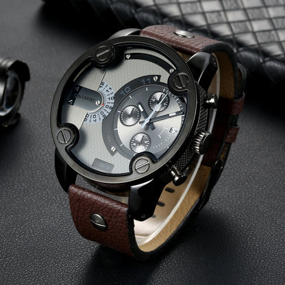 CAGARNY 6819 Multifunctional Dual Time Zone Quartz Business Sport Watch for Men(Black Shell Grey Surface Brown Leather) - Leather Strap Watches by CAGARNY | Online Shopping South Africa | PMC Jewellery | Buy Now Pay Later Mobicred