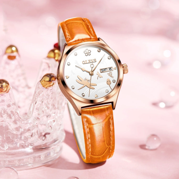 OLEVS 6611 Dragonfly Dual Calendar Mechanical Ladies Watch(Orange) - Leather Strap Watches by OLEVS | Online Shopping South Africa | PMC Jewellery | Buy Now Pay Later Mobicred