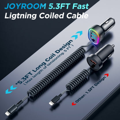 JOYROOM JR-CL20 57W 4 in 1 Car Charger with 8 Pin Coiled Data Cable(Black) - Car Charger by JOYROOM | Online Shopping South Africa | PMC Jewellery