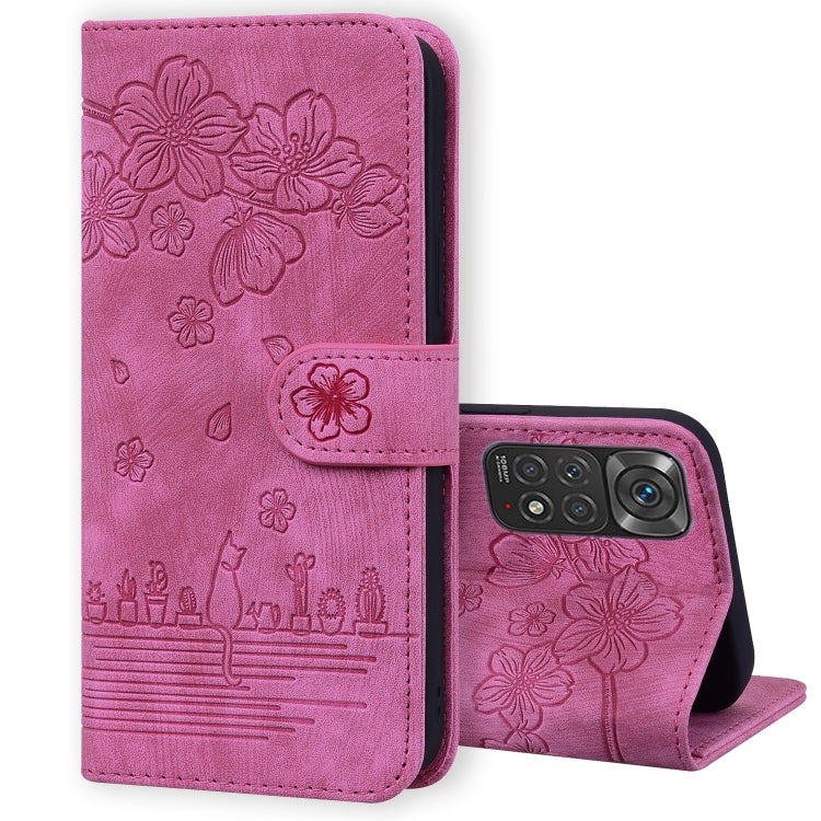 For Xiaomi Redmi Note 11 / Note 11S Global Cartoon Sakura Cat Embossed Leather Phone Case(Rose Red) - free shipping - PMC TechLife - Order now!
