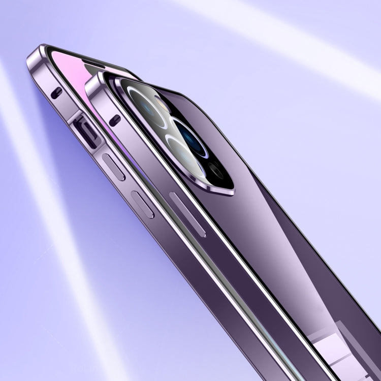 For iPhone 14 Pro Max Magnetic Double-buckle HD Tempered Glass Phone Case (Purple) - iPhone 14 Pro Max Cases by PMC TechLife | Online Shopping South Africa | PMC TechLife