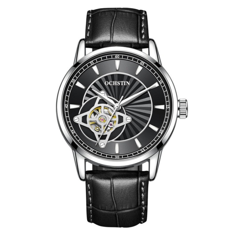 OCHSTIN 62001C Master Series Hollow Mechanical Men Watch(Silver-Black) - Leather Strap Watches by OCHSTIN | Online Shopping South Africa | PMC Jewellery | Buy Now Pay Later Mobicred