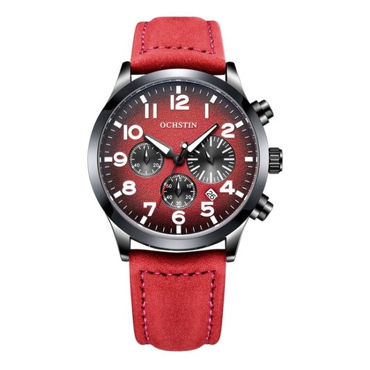 Ochstin 6042C Fashion Leather Waterproof Luminous Quartz Men Watch(Gradient Black Red) - Leather Strap Watches by OCHSTIN | Online Shopping South Africa | PMC Jewellery | Buy Now Pay Later Mobicred