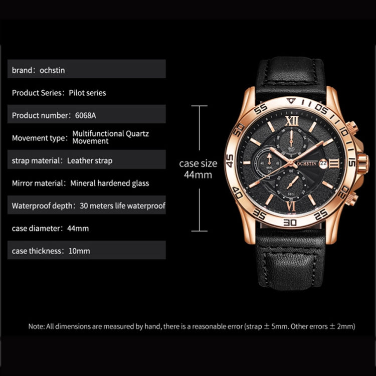 OCHSTIN 6068A Multifunctional Quartz Waterproof Luminous Men Watch(Rose Gold+Black) - Leather Strap Watches by OCHSTIN | Online Shopping South Africa | PMC Jewellery | Buy Now Pay Later Mobicred