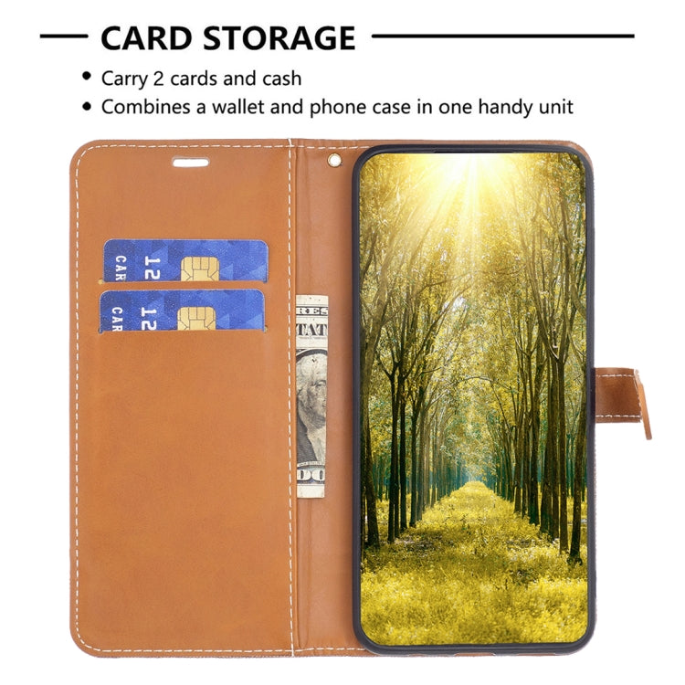 For Samsung Galaxy M14 5G Color Block Denim Texture Leather Phone Case(Brown) - free shipping - PMC TechLife - Order now!