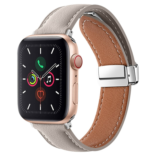 Folding Buckle Genuine Leather Watch Band For Apple Watch Ultra 49mm / Series 8&7 45mm / SE 2&6&SE&5&4 44mm / 3&2&1 42mm(Grey) -  by PMC Jewellery | Online Shopping South Africa | PMC Jewellery