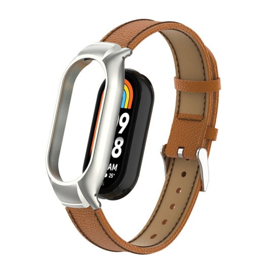 For Xiaomi Mi Band 8 Integrated Metal Case + Litchi Texture Leather Watch Band(Brown) - Smart Wear by PMC Jewellery | Online Shopping South Africa | PMC Jewellery