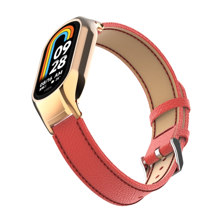 For Xiaomi Mi Band 8 Integrated Metal Case + Litchi Texture Leather Watch Band(Red) - Smart Wear by PMC Jewellery | Online Shopping South Africa | PMC Jewellery