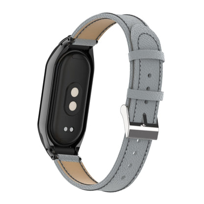 For Xiaomi Mi Band 8 Integrated Metal Case + Litchi Texture Leather Watch Band(Grey) - Smart Wear by PMC Jewellery | Online Shopping South Africa | PMC Jewellery