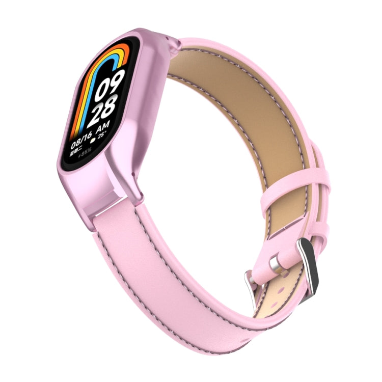 For Xiaomi Mi Band 8 Integrated Metal Case + Microfiber Sewing Leather Watch Band(Pink) - Smart Wear by PMC TechLife | Online Shopping South Africa | PMC TechLife