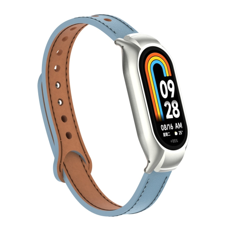For Xiaomi Mi Band 8 Integrated Metal Case + Double Nail Microfiber Leather Watch Band(Light Blue) - Smart Wear by PMC Jewellery | Online Shopping South Africa | PMC Jewellery