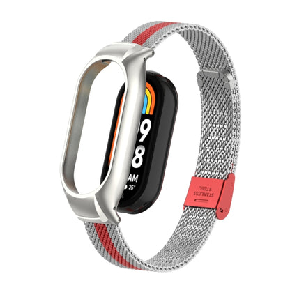 For Xiaomi Mi Band 8 Integrated Metal Case + Steel Mesh Buckle Watch Band(Silver+Red) - Smart Wear by PMC Jewellery | Online Shopping South Africa | PMC Jewellery