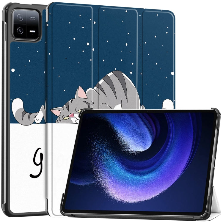 For Xiaomi Pad 6 / 6 Pro Custer Painted 3-Fold Stand Leather Smart Tablet Case(Lazy Cat) - free shipping - PMC TechLife - Order now!