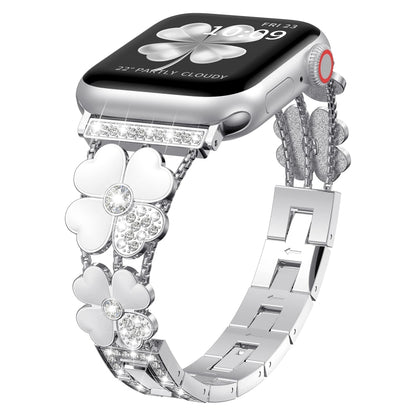 For Apple Watch 7 41mm Petal Metal Diamond Watch Band(Silver+White) - Watch Bands by PMC Jewellery | Online Shopping South Africa | PMC Jewellery