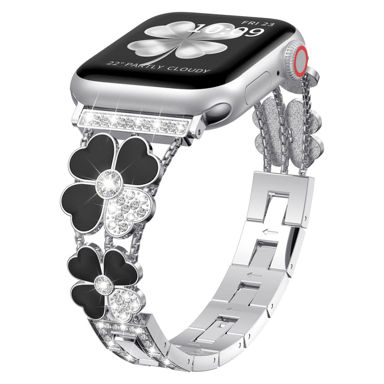 For Apple Watch 38mm Petal Metal Diamond Watch Band(Sliver+Black) -  by PMC Jewellery | Online Shopping South Africa | PMC Jewellery