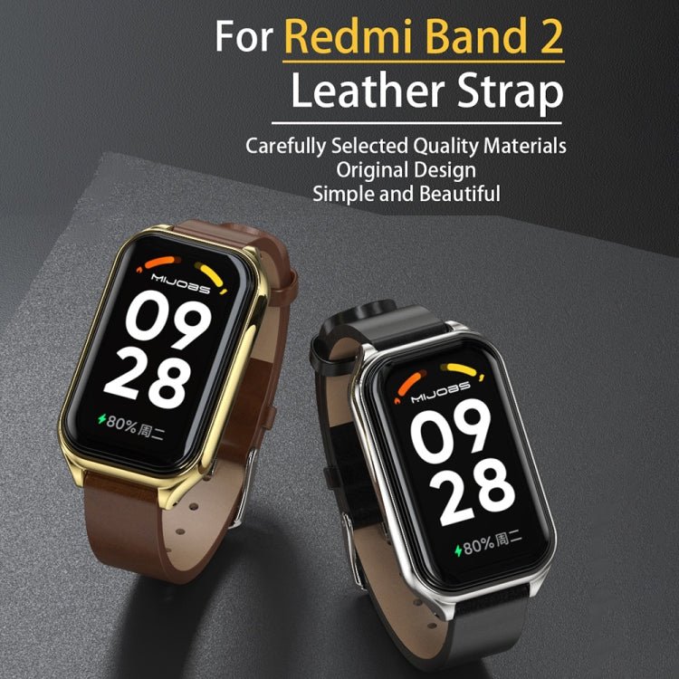 For Xiaomi Smart Band 8 Active / Redmi Band 2 Mijobs Metal Shell Genuine Leather Watch Band(Black Silver) - Watch Bands by MIJOBS | Online Shopping South Africa | PMC TechLife | Buy Now Pay Later Mobicred