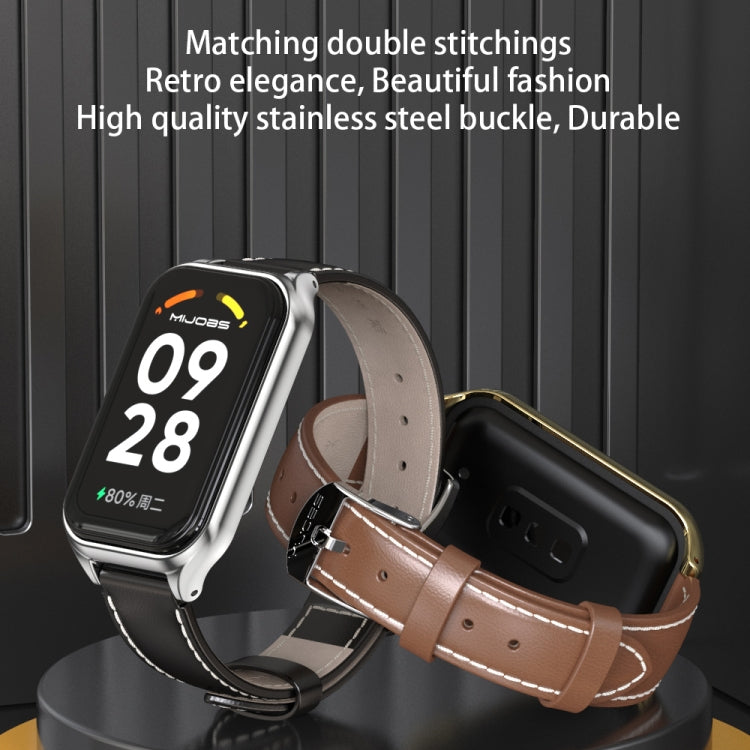 For Xiaomi Smart Band 8 Active / Redmi Band 2 Mijobs Metal Shell Genuine Leather Watch Band(White Silver) - free shipping - PMC TechLife - Order now!