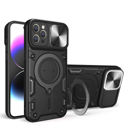 For iPhone 12 Pro CD Texture Sliding Camshield Magnetic Holder Phone Case(Black) - iPhone 12 / 12 Pro Cases by PMC Jewellery | Online Shopping South Africa | PMC Jewellery