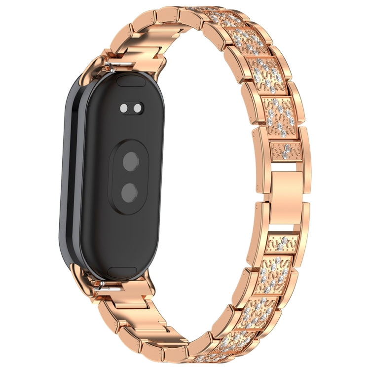 For Xiaomi Mi Band 8 Three-beads Full Diamond Metal Watch Band(Rose Gold) - Watch Bands by PMC Jewellery | Online Shopping South Africa | PMC Jewellery