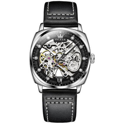 OLEVS 6651 Men Luminous Waterproof Hollow Mechanical Watch(Black + White) - Leather Strap Watches by OLEVS | Online Shopping South Africa | PMC Jewellery | Buy Now Pay Later Mobicred