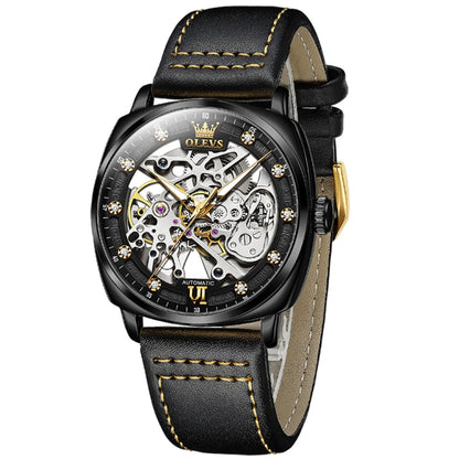 OLEVS 6651 Men Luminous Waterproof Hollow Mechanical Watch(Black) - Leather Strap Watches by OLEVS | Online Shopping South Africa | PMC Jewellery