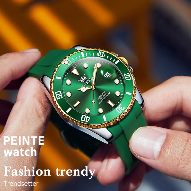 OLEVS 6650 Men Luminous Waterproof Silicone Strap Mechanical Watch(Green + Gold) - Silicone Strap Watches by OLEVS | Online Shopping South Africa | PMC Jewellery