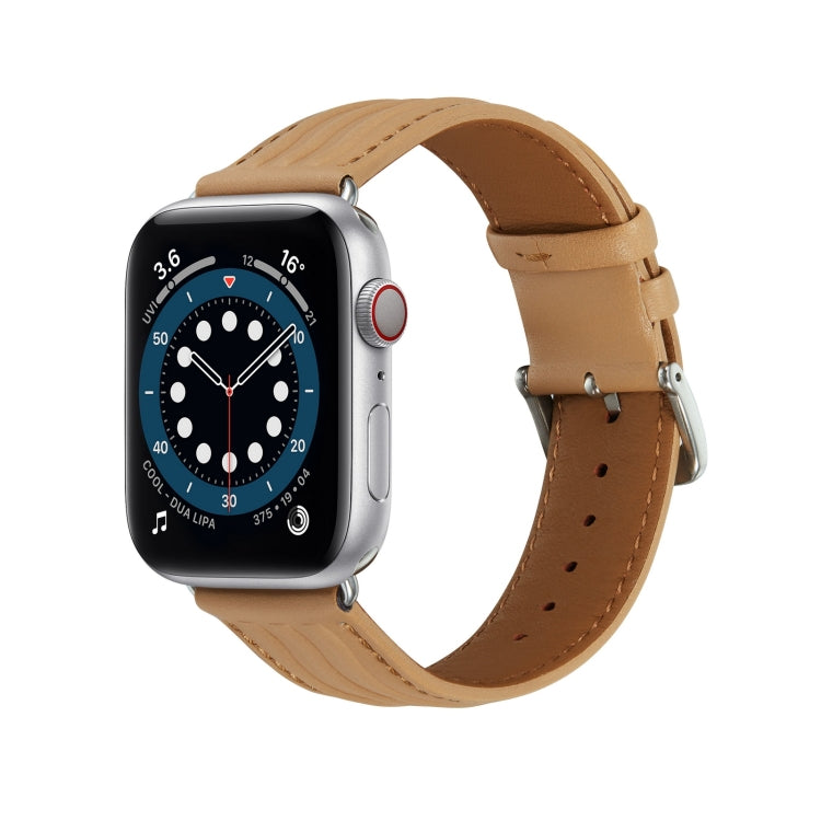 Embossed Line Genuine Leather Watch Band For Apple Watch Ultra 49mm(Khaki) - Watch Bands by PMC TechLife | Online Shopping South Africa | PMC TechLife
