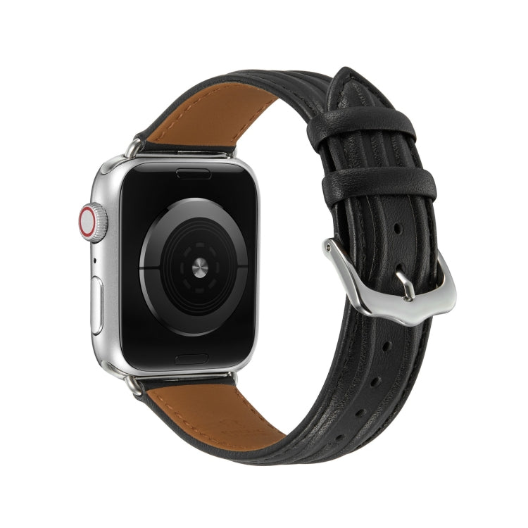 Embossed Line Genuine Leather Watch Band For Apple Watch 7 41mm(Black) - Watch Bands by PMC TechLife | Online Shopping South Africa | PMC TechLife