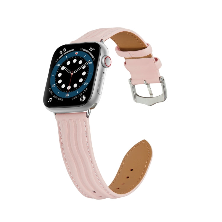 Embossed Line Genuine Leather Watch Band For Apple Watch 7 41mm(Pink) - Watch Bands by PMC TechLife | Online Shopping South Africa | PMC TechLife