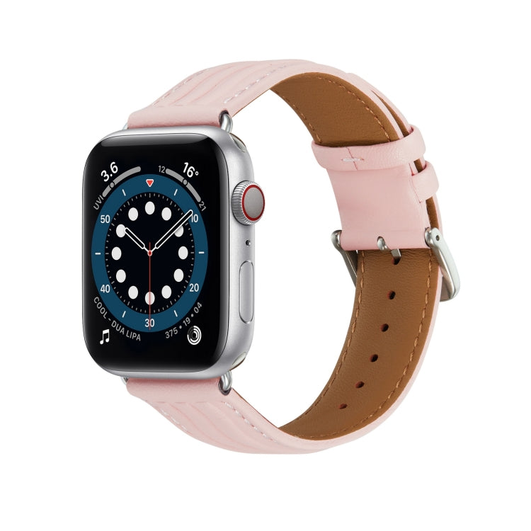 Embossed Line Genuine Leather Watch Band For Apple Watch 7 45mm(Pink) - Watch Bands by PMC TechLife | Online Shopping South Africa | PMC TechLife