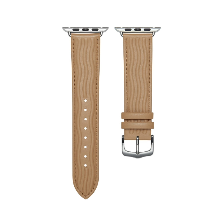 Embossed Line Genuine Leather Watch Band For Apple Watch 7 45mm(Khaki) - Watch Bands by PMC Jewellery | Online Shopping South Africa | PMC Jewellery