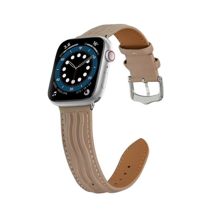 Embossed Line Genuine Leather Watch Band For Apple Watch 7 45mm(Milky Brown) - Watch Bands by PMC TechLife | Online Shopping South Africa | PMC TechLife