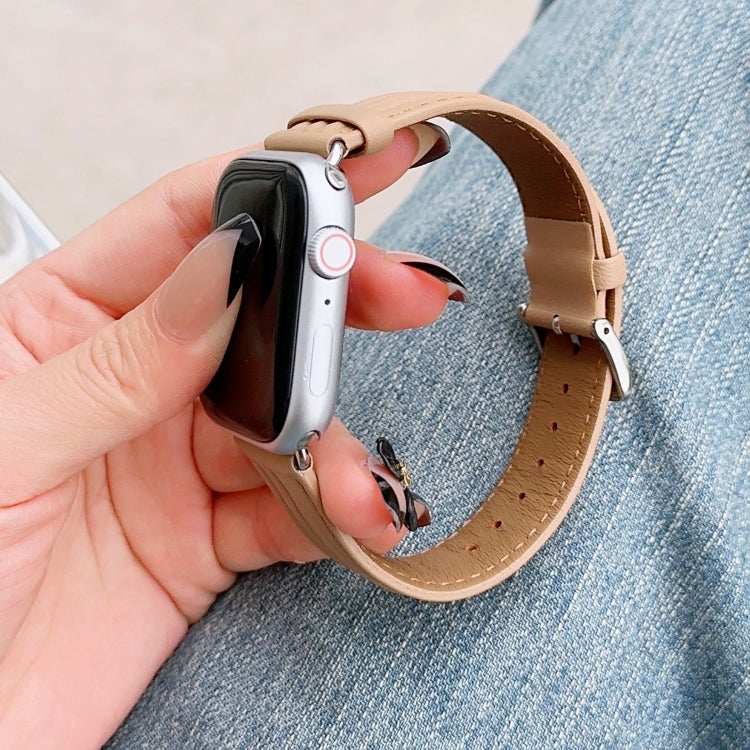 Embossed Line Genuine Leather Watch Band For Apple Watch SE 40mm(Khaki) - Watch Bands by PMC TechLife | Online Shopping South Africa | PMC TechLife