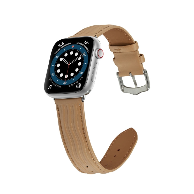 Embossed Line Genuine Leather Watch Band For Apple Watch SE 44mm(Khaki) - Watch Bands by PMC TechLife | Online Shopping South Africa | PMC TechLife