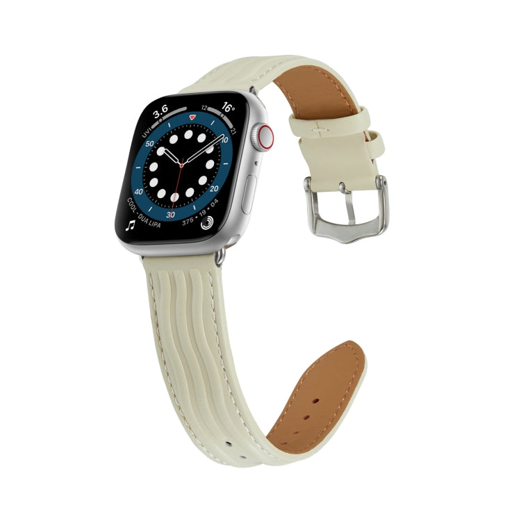 Embossed Line Genuine Leather Watch Band For Apple Watch SE 44mm(Milky White) - Watch Bands by PMC TechLife | Online Shopping South Africa | PMC TechLife