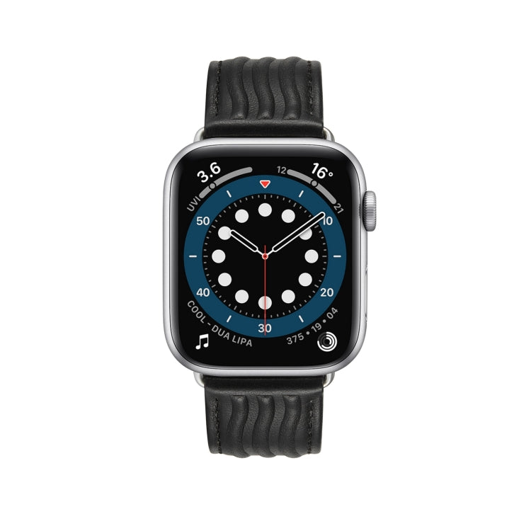 Embossed Line Genuine Leather Watch Band For Apple Watch 6 44mm(Black) - Watch Bands by PMC TechLife | Online Shopping South Africa | PMC TechLife