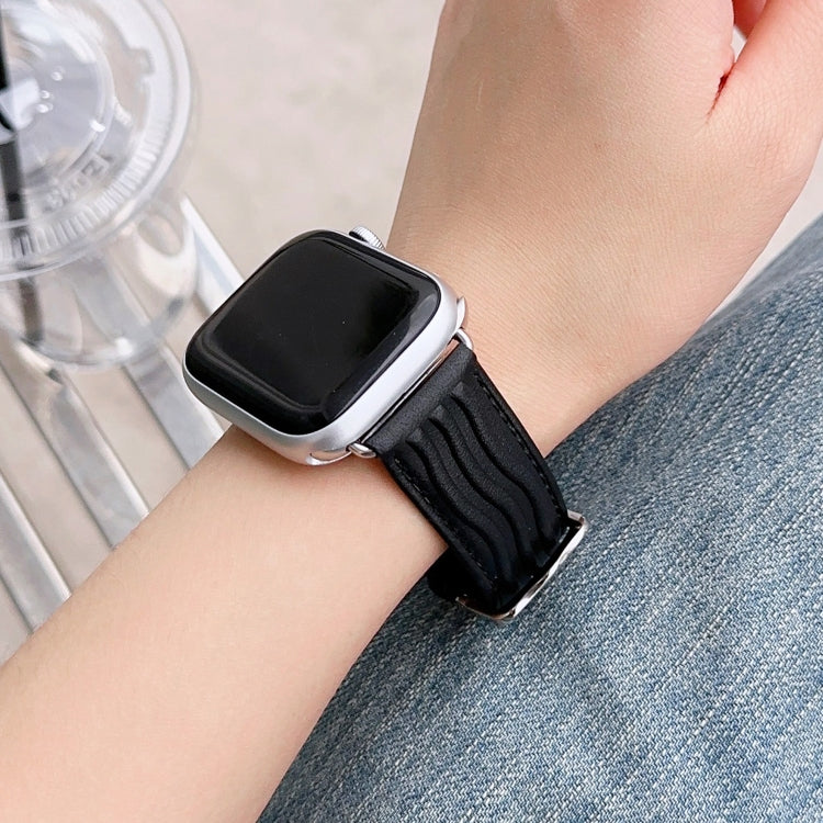 Embossed Line Genuine Leather Watch Band For Apple Watch 6 44mm(Black) - Watch Bands by PMC TechLife | Online Shopping South Africa | PMC TechLife