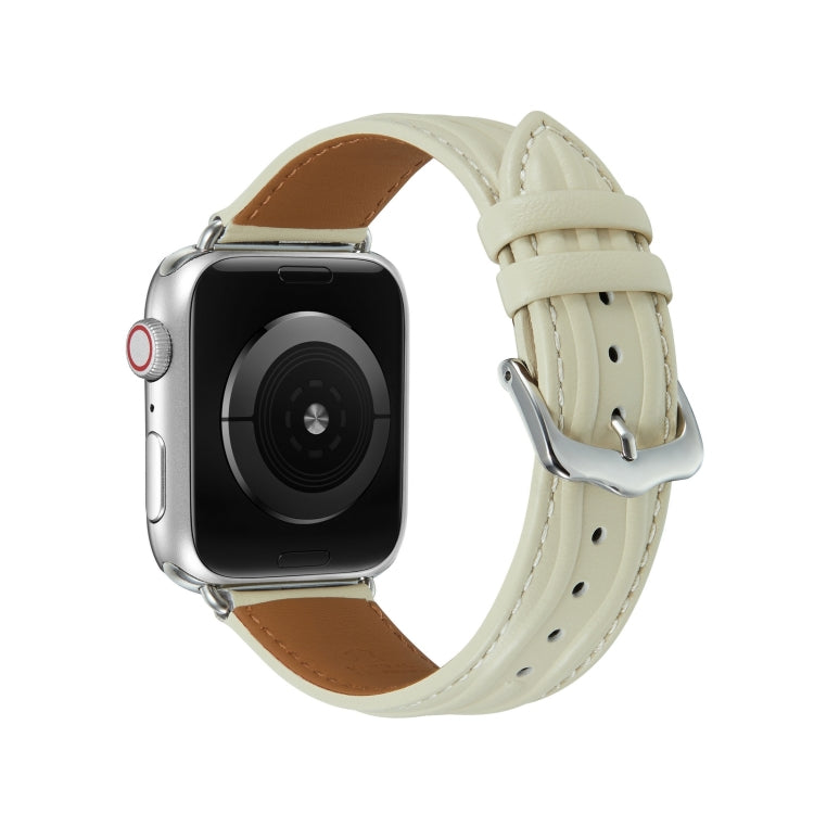 Embossed Line Genuine Leather Watch Band For Apple Watch 6 44mm(Milky White) - Watch Bands by PMC TechLife | Online Shopping South Africa | PMC TechLife